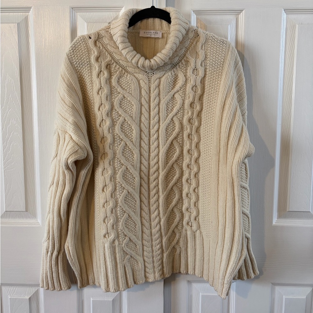 Everlane Cream Cable Knit Turtleneck Sweater Size XL 92% Wool 8% Cashmere EUC - Picture 2 of 6